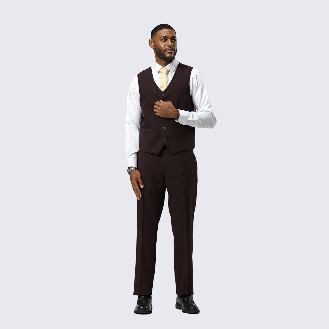 Burgundy Canvas-Print Three-Piece Suit with Peak Lapel – Wedding & Prom