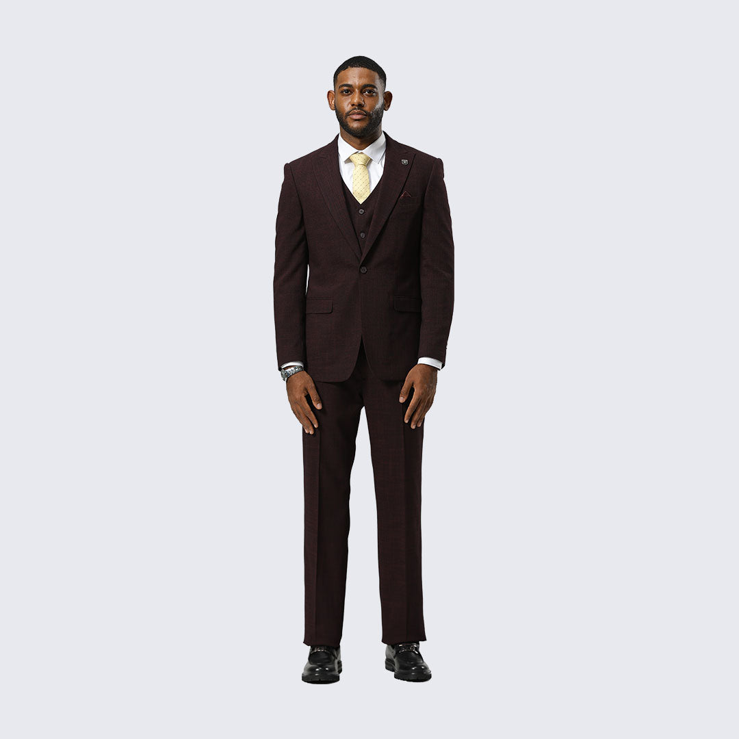 Burgundy Canvas-Print Three-Piece Suit with Peak Lapel – Wedding & Prom