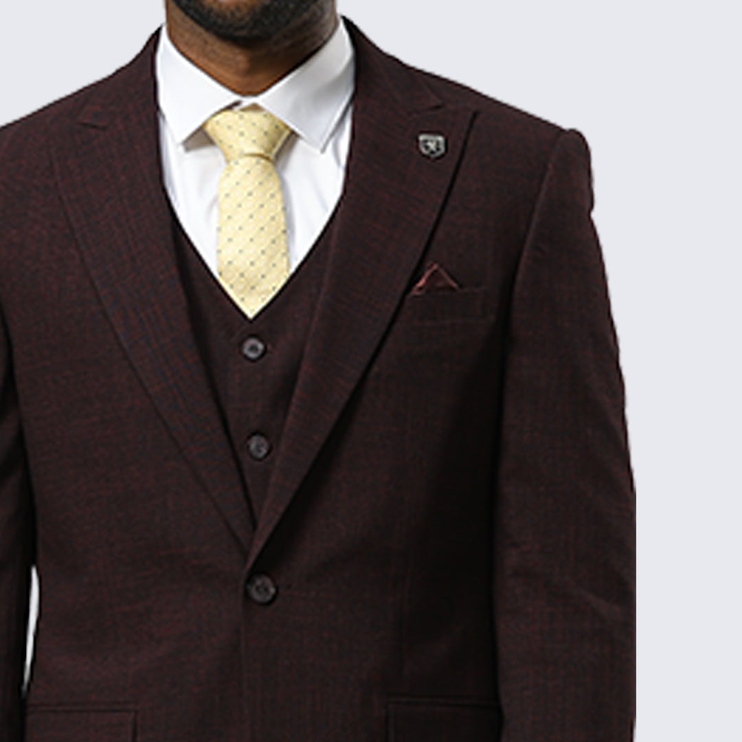 Burgundy Canvas-Print Three-Piece Suit with Peak Lapel – Wedding & Prom