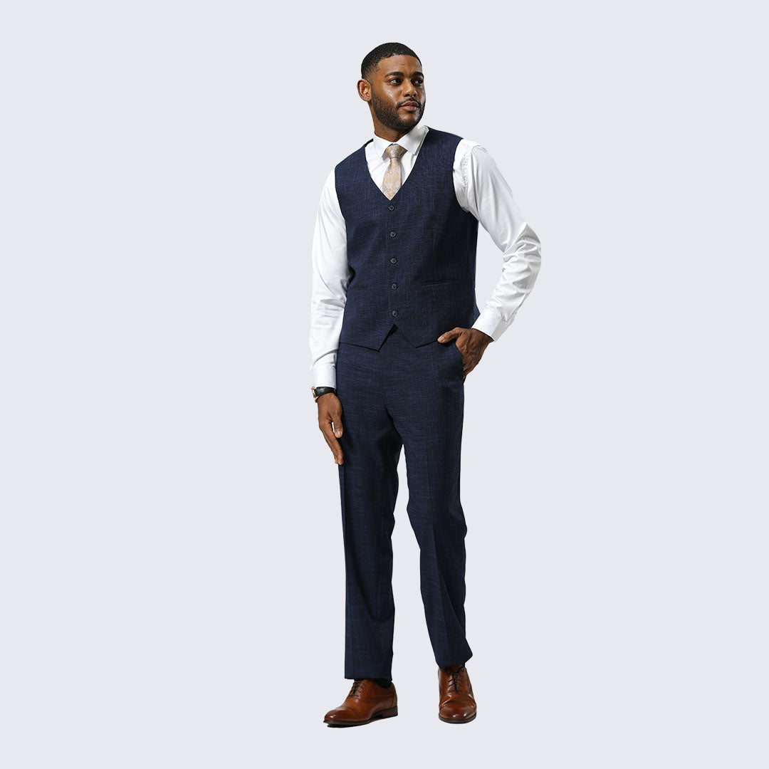 Navy Blue Canvas-Print Three-Piece Suit with Peak Lapel – Wedding & Prom