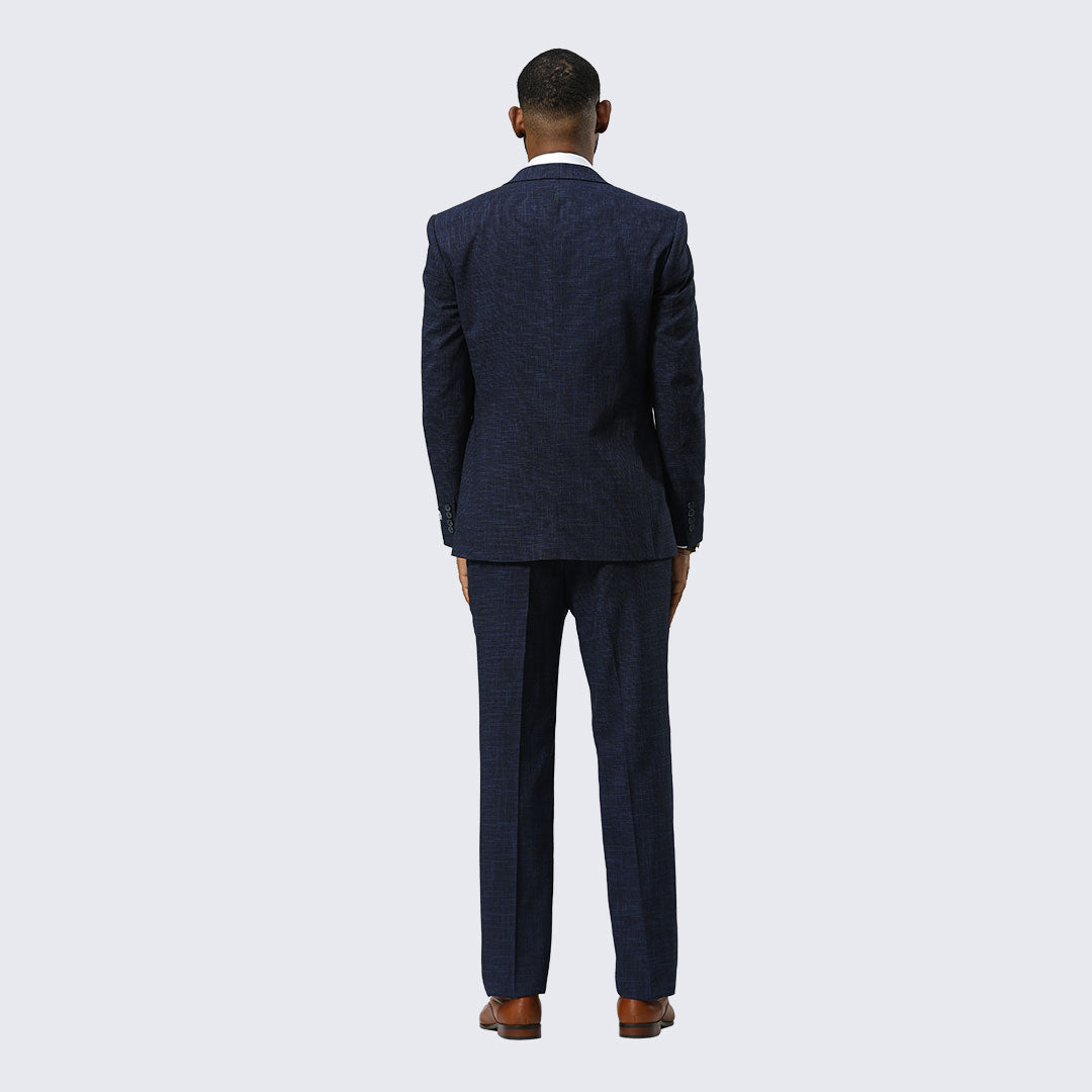 Navy Blue Canvas-Print Three-Piece Suit with Peak Lapel – Wedding & Prom