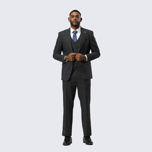 Charcoal Canvas-Print Three-Piece Suit with Peak Lapel – Wedding & Prom