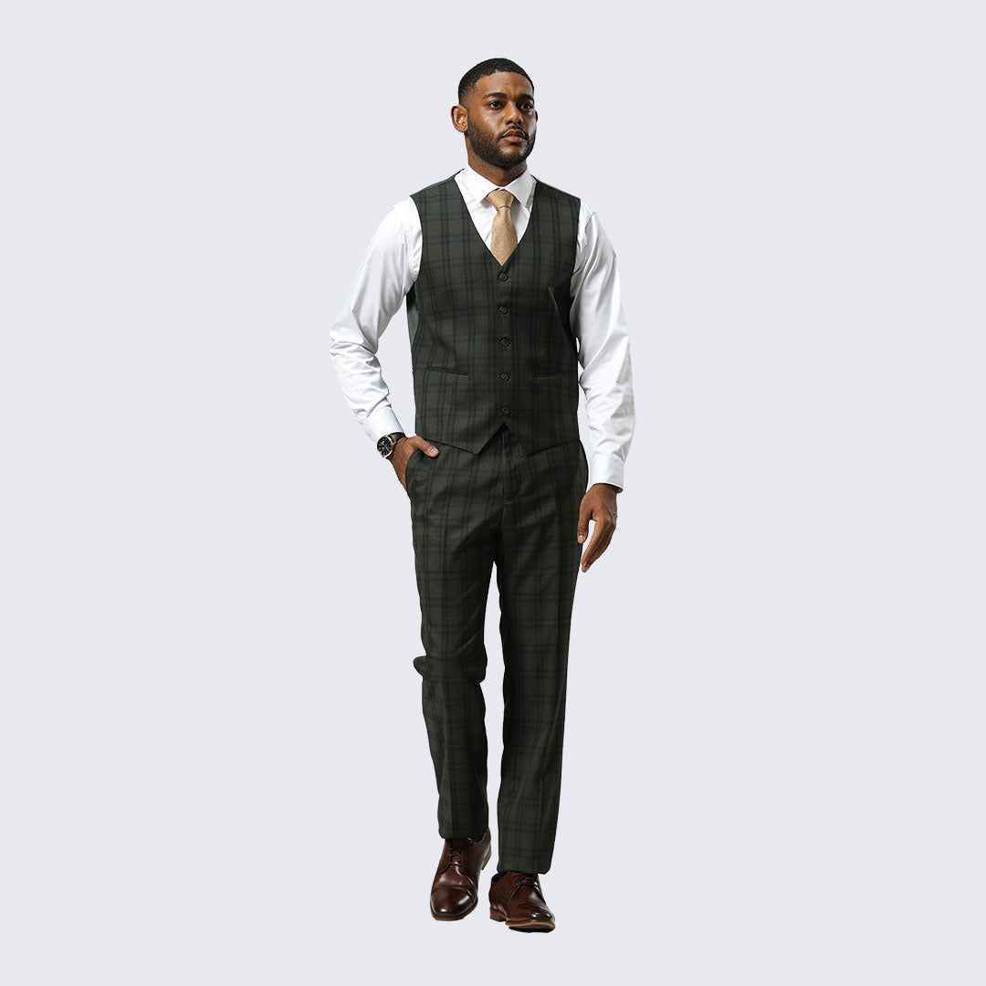 Green Watch Plaid Three-Piece Suit with Notch Lapel – Wedding & Prom