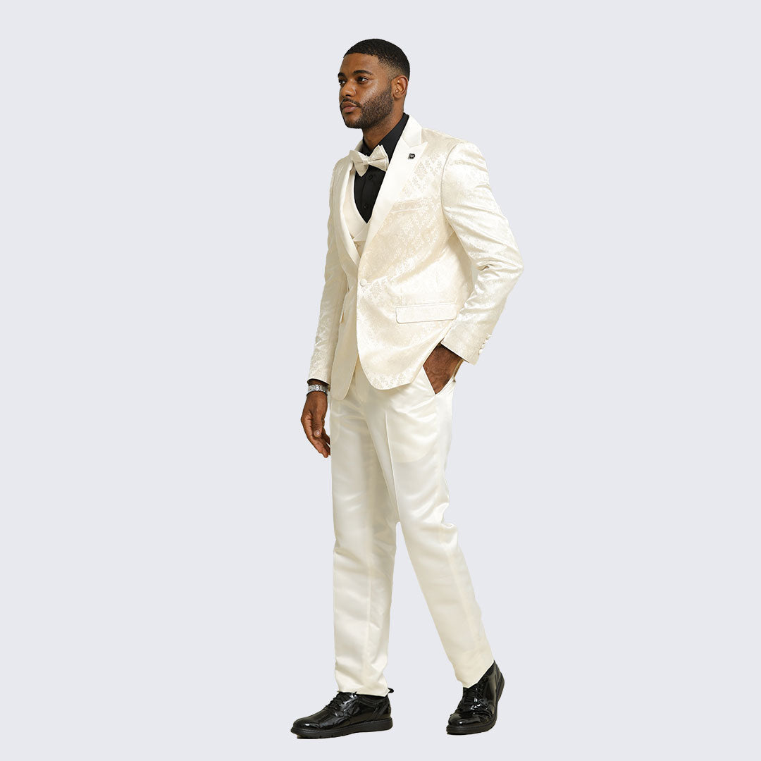 Off-White / Ivory Satin Damask 4-Piece Tuxedo Set with Peak Lapel – Wedding & Prom