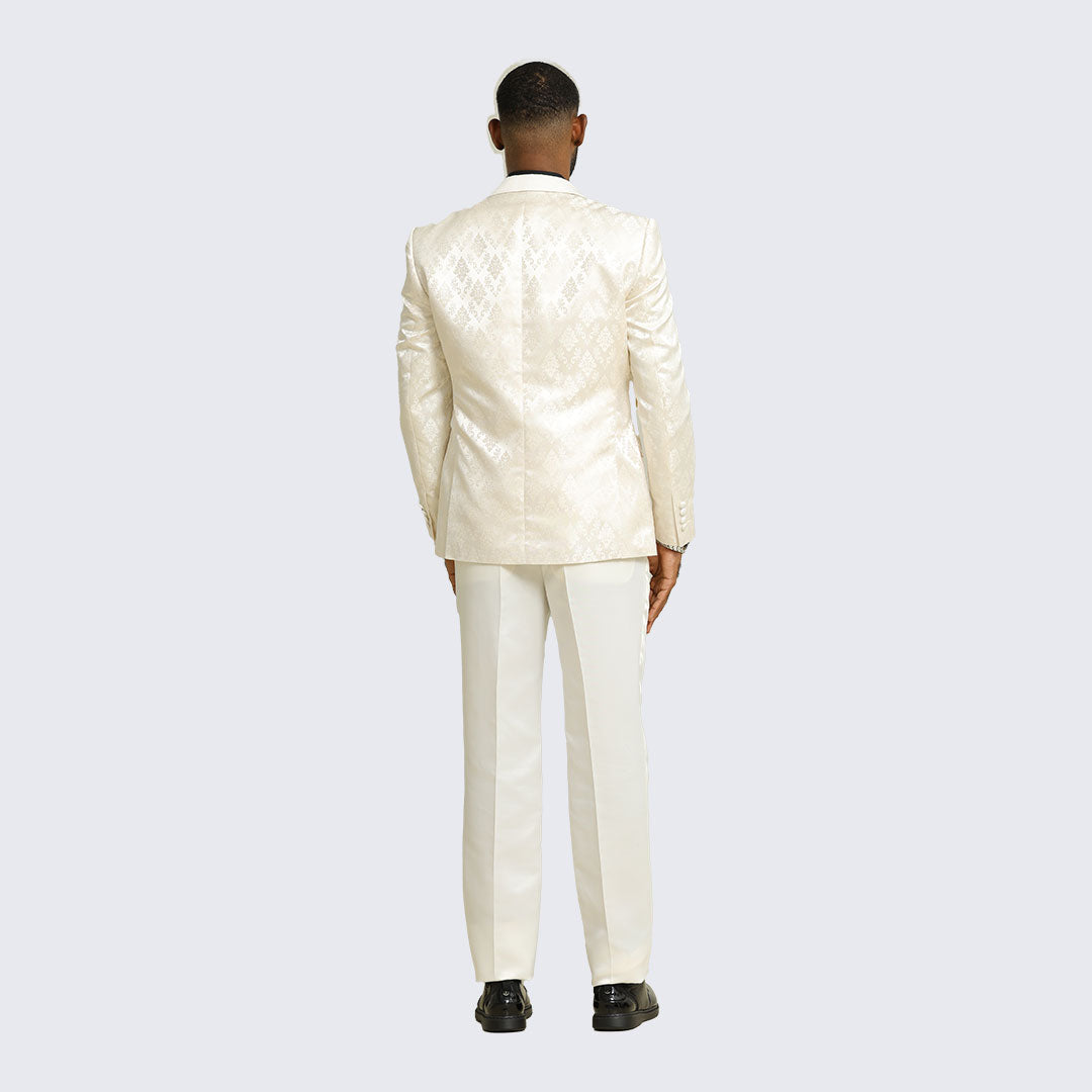 Off-White / Ivory Satin Damask 4-Piece Tuxedo Set with Peak Lapel – Wedding & Prom
