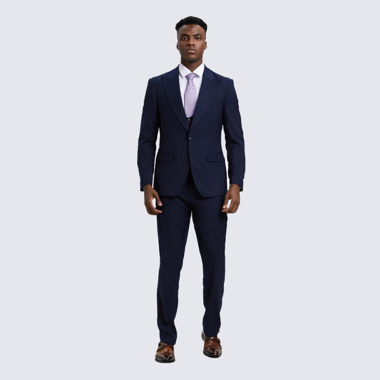 [DISCOUNTED] Navy Blue Slim Fit Three Piece Suit with Large Peak Lapel by Stacy Adams - Limited Sizes