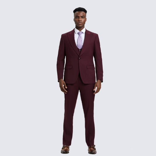 [DISCOUNTED] Burgundy Slim Fit Three Piece Suit with Large Peak Lapel by Stacy Adams - Limited Sizes