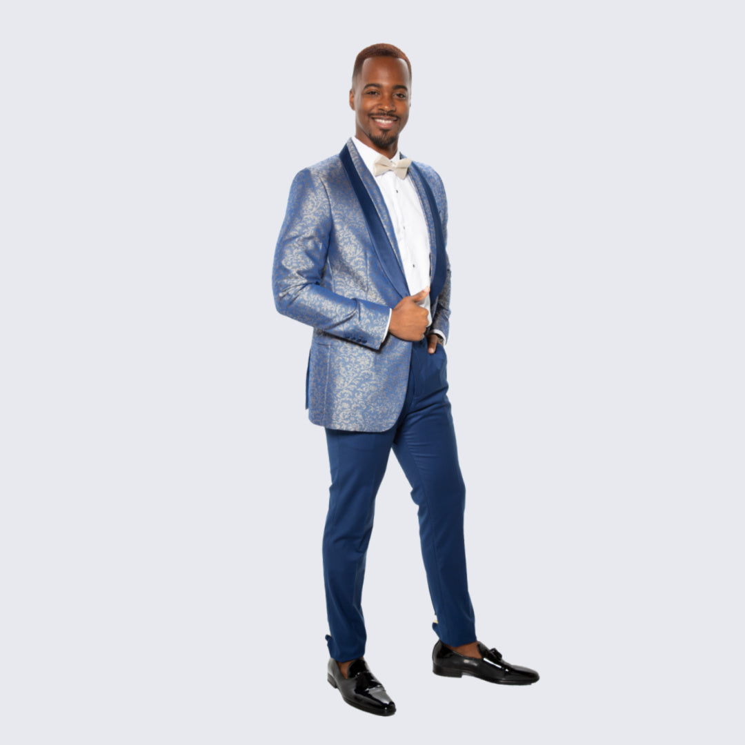 Blue Floral Brocade Tuxedo Jacket with Shawl Lapel – Wedding & Prom