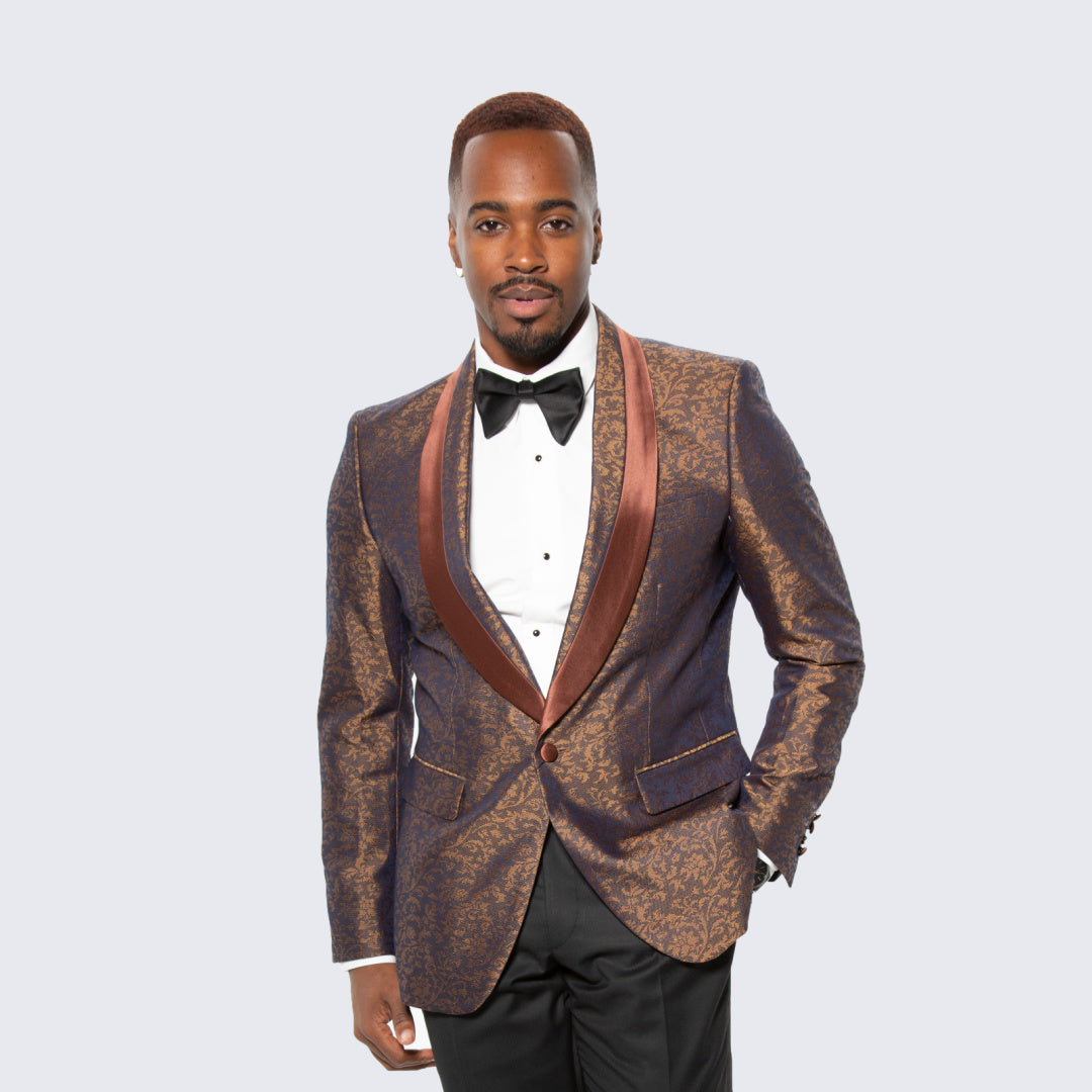 Brown Floral Brocade Tuxedo Jacket with Shawl Lapel – Wedding & Prom