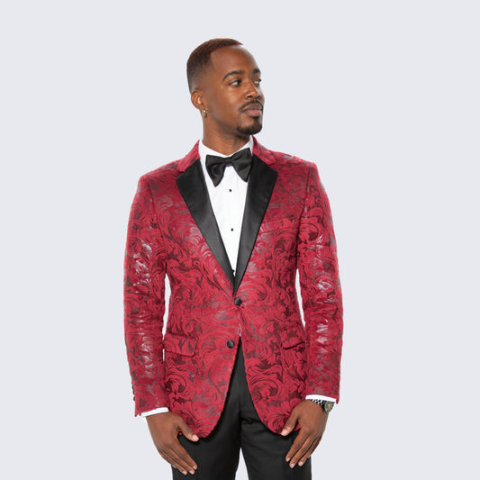 Red Floral Brocade Tuxedo Jacket – Notch Lapel, Wedding & Prom