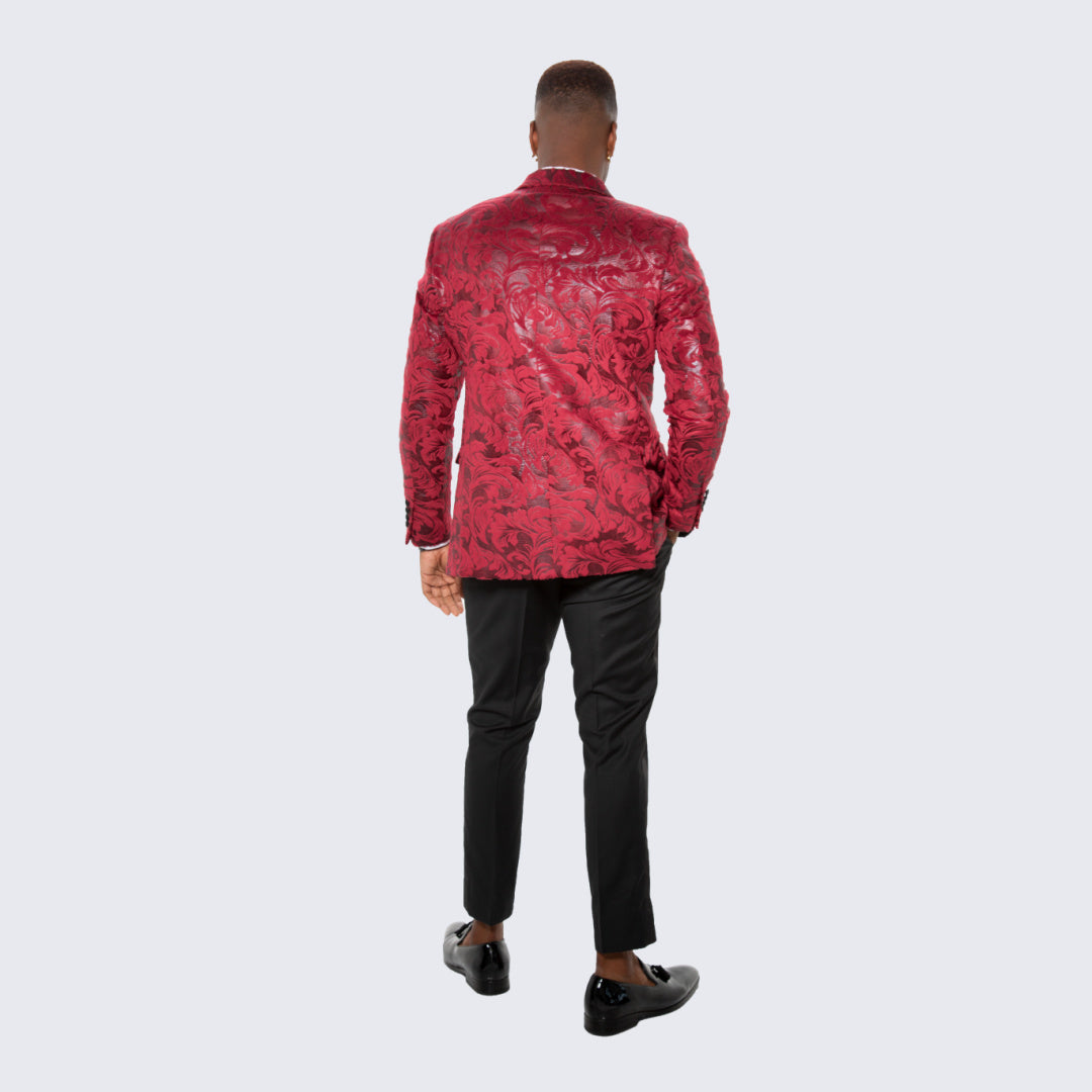 Red Floral Brocade Tuxedo Jacket – Notch Lapel, Wedding & Prom