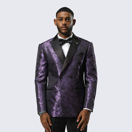 Purple Jacquard Double-Breasted Tuxedo Jacket with Black Satin Peak Lapel – Wedding & Prom
