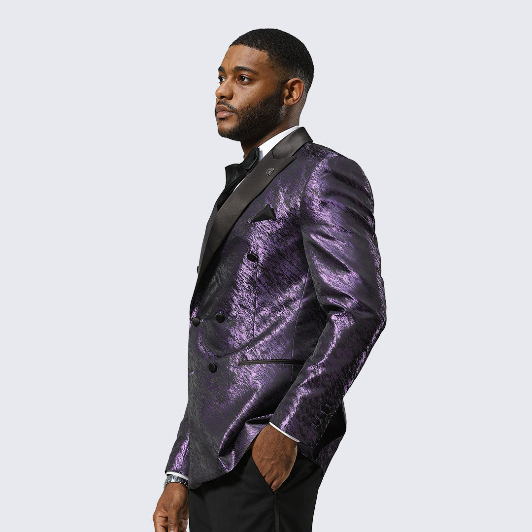Purple Jacquard Double-Breasted Tuxedo Jacket with Black Satin Peak Lapel – Wedding & Prom