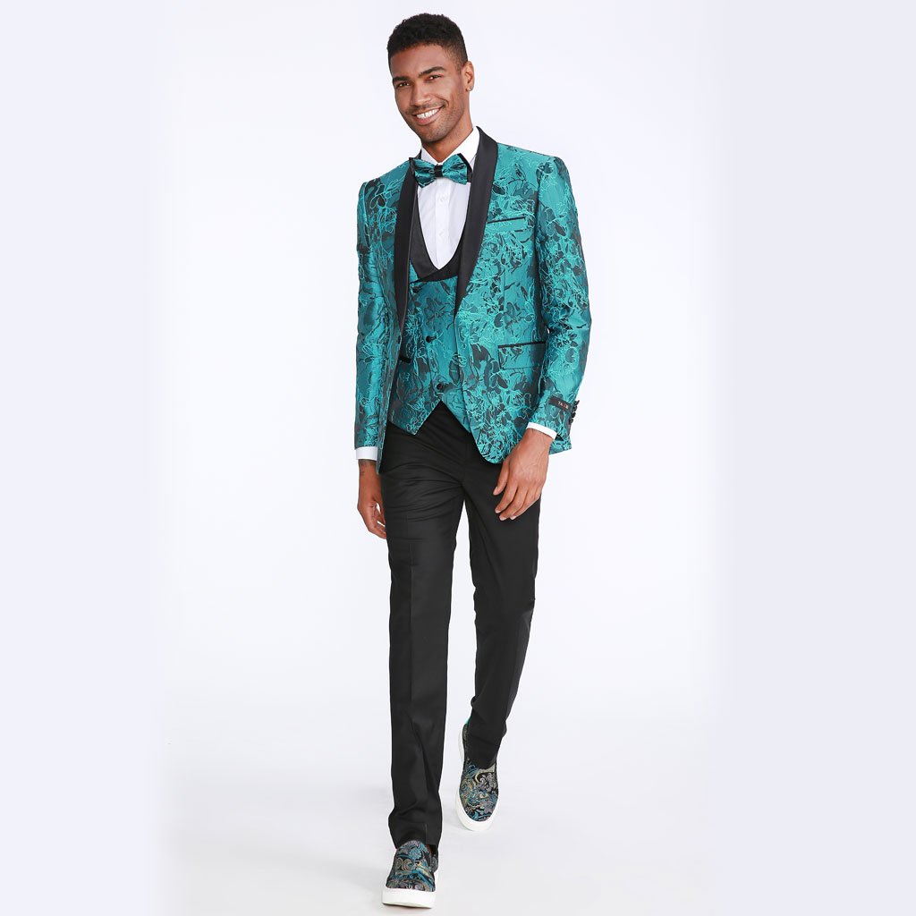 [DISCOUNTED] Turquoise Tuxedo with Floral Pattern Four Piece Set - Limited Sizes