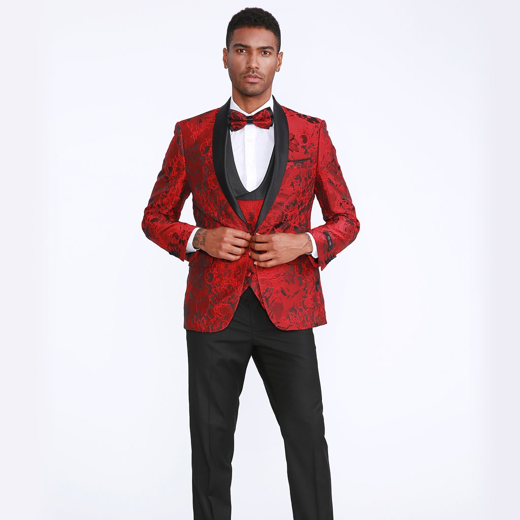 [DISCOUNTED] Red Tuxedo with Floral Pattern Four Piece Set - Limited Sizes