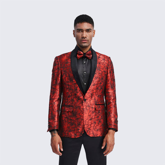 Red Floral Tuxedo Jacket with Shawl Lapel – Wedding & Prom