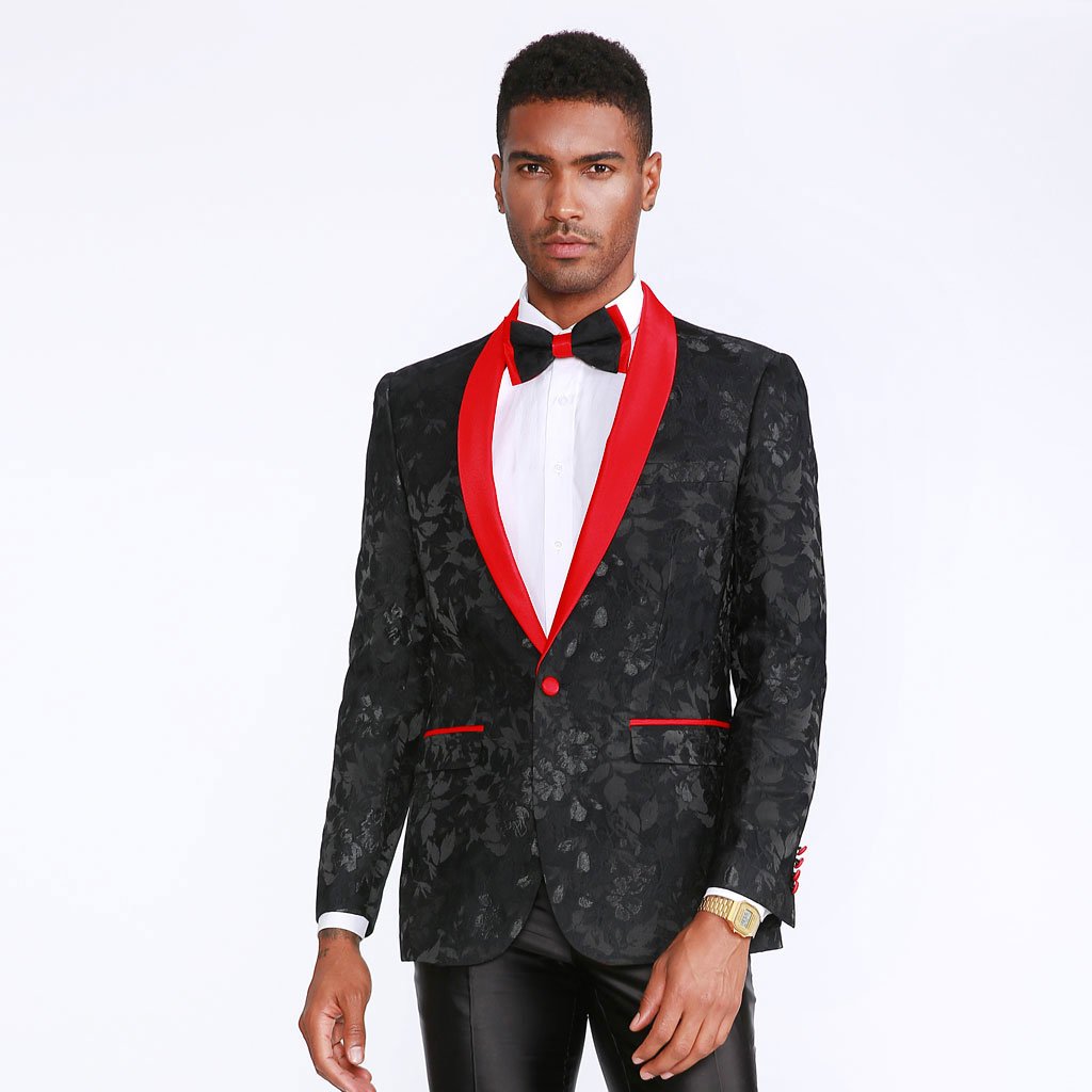 [DISCOUNTED] Black and Red Tuxedo Jacket Floral Pattern Slim Fit - Limited Sizes