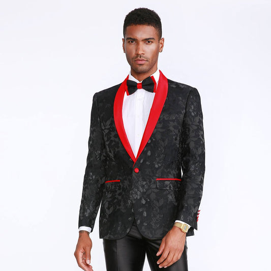 [DISCOUNTED] Black and Red Tuxedo Jacket Floral Pattern Slim Fit - Limited Sizes