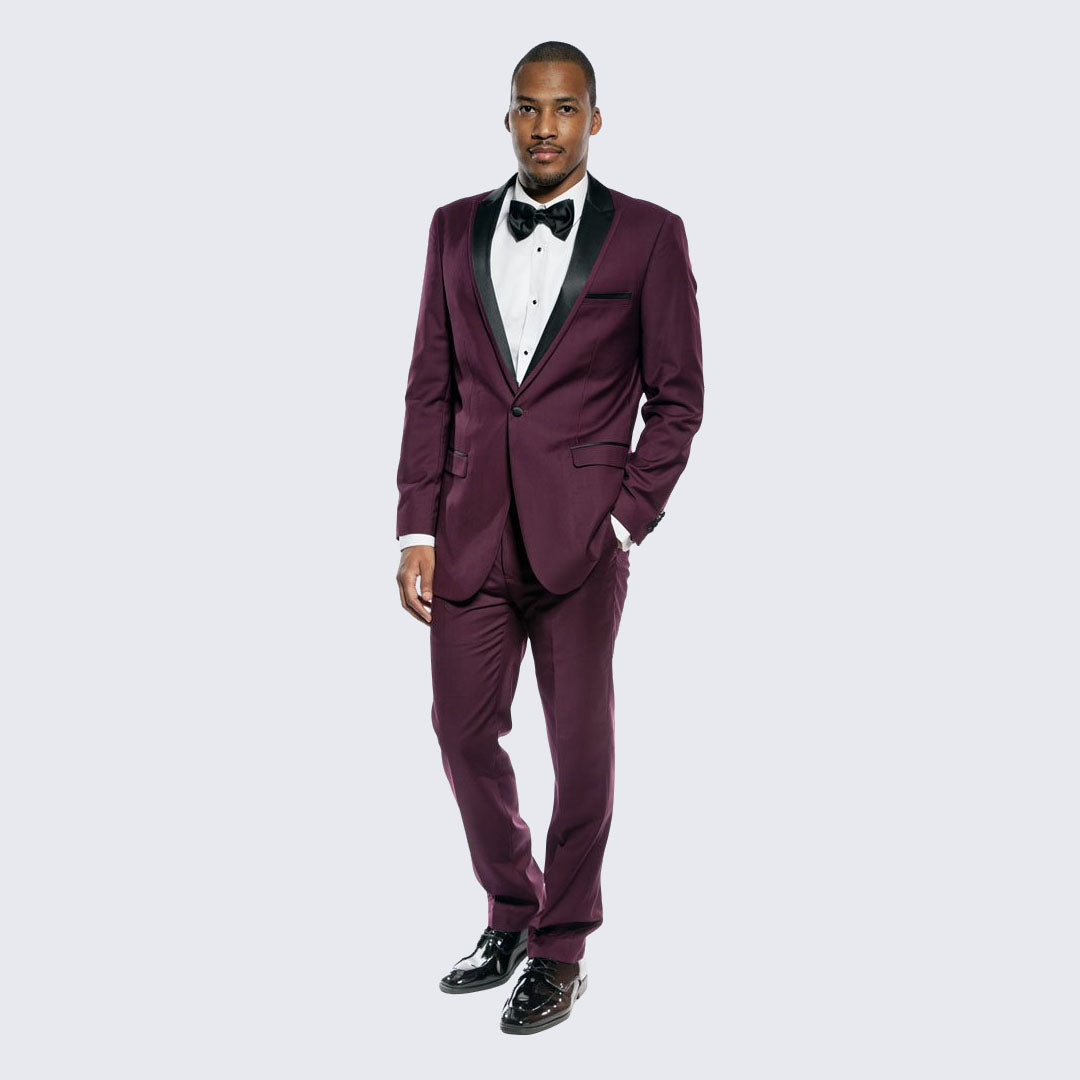 [DISCOUNTED] Burgundy Tuxedo Slim Fit One Button Peak Framed Lapel - Limited Sizes